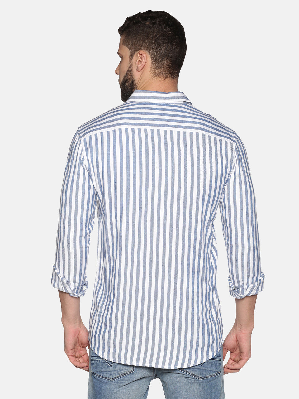 Men white & blue cotton slim fit striped shirt