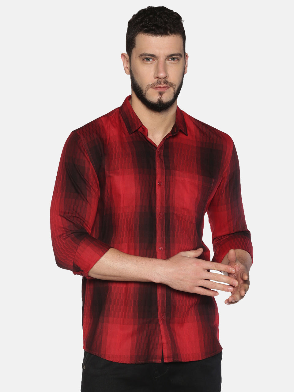 Men red & black slim fit checked casual shirt