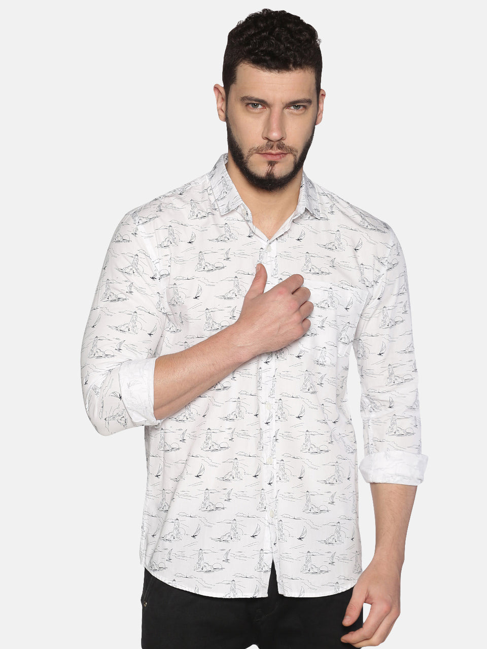 Men white cotton slim fit printed formal shirt