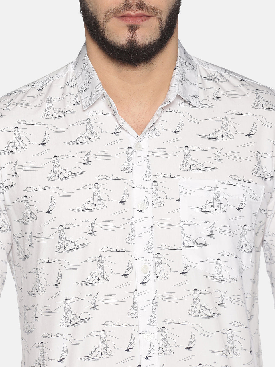 Men white cotton slim fit printed formal shirt