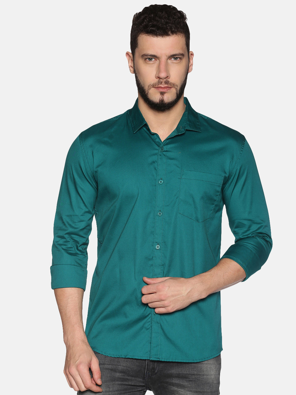 Men green cotton slim fit plain formal shirt