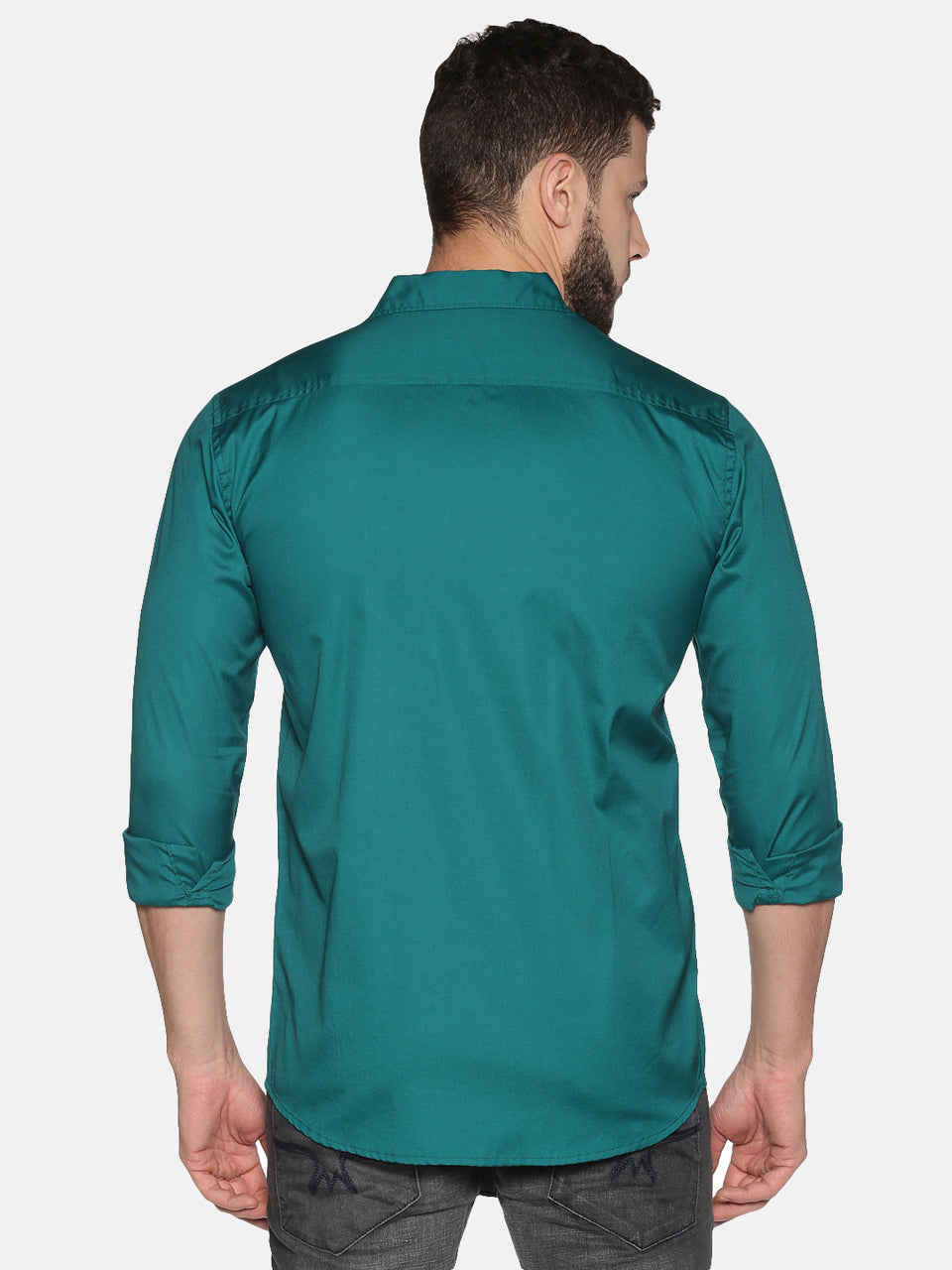 Men green cotton slim fit plain formal shirt