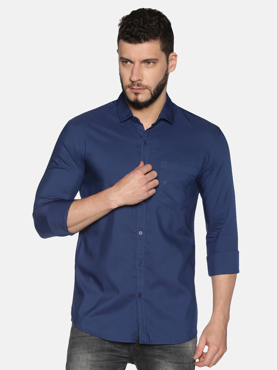 Men blue cotton slim fit plain formal shirt