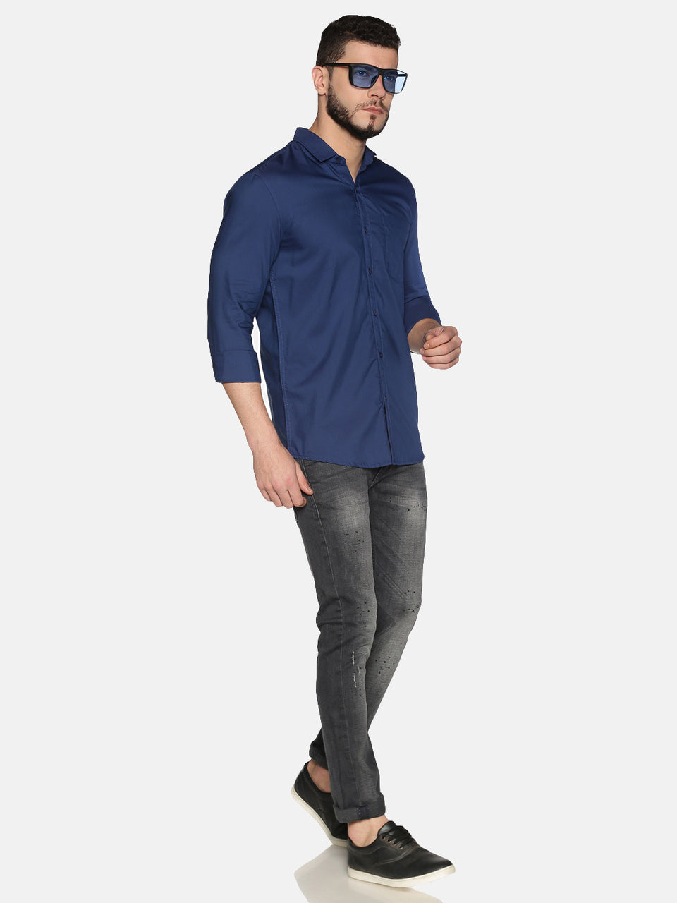 Men blue cotton slim fit plain formal shirt