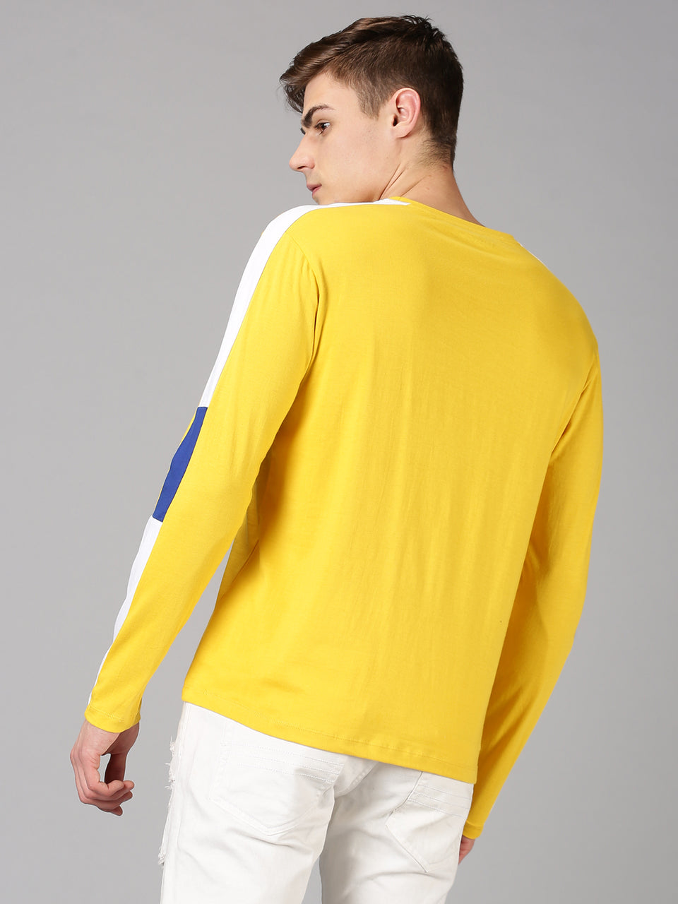 Men Yellow Blue White Color Blocked Round Neck Organic Pure Cotton Full Sleeve Regular Fit Casual T-Shirt