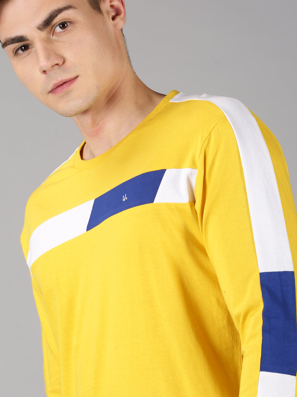 Men Yellow Blue White Color Blocked Round Neck Organic Pure Cotton Full Sleeve Regular Fit Casual T-Shirt