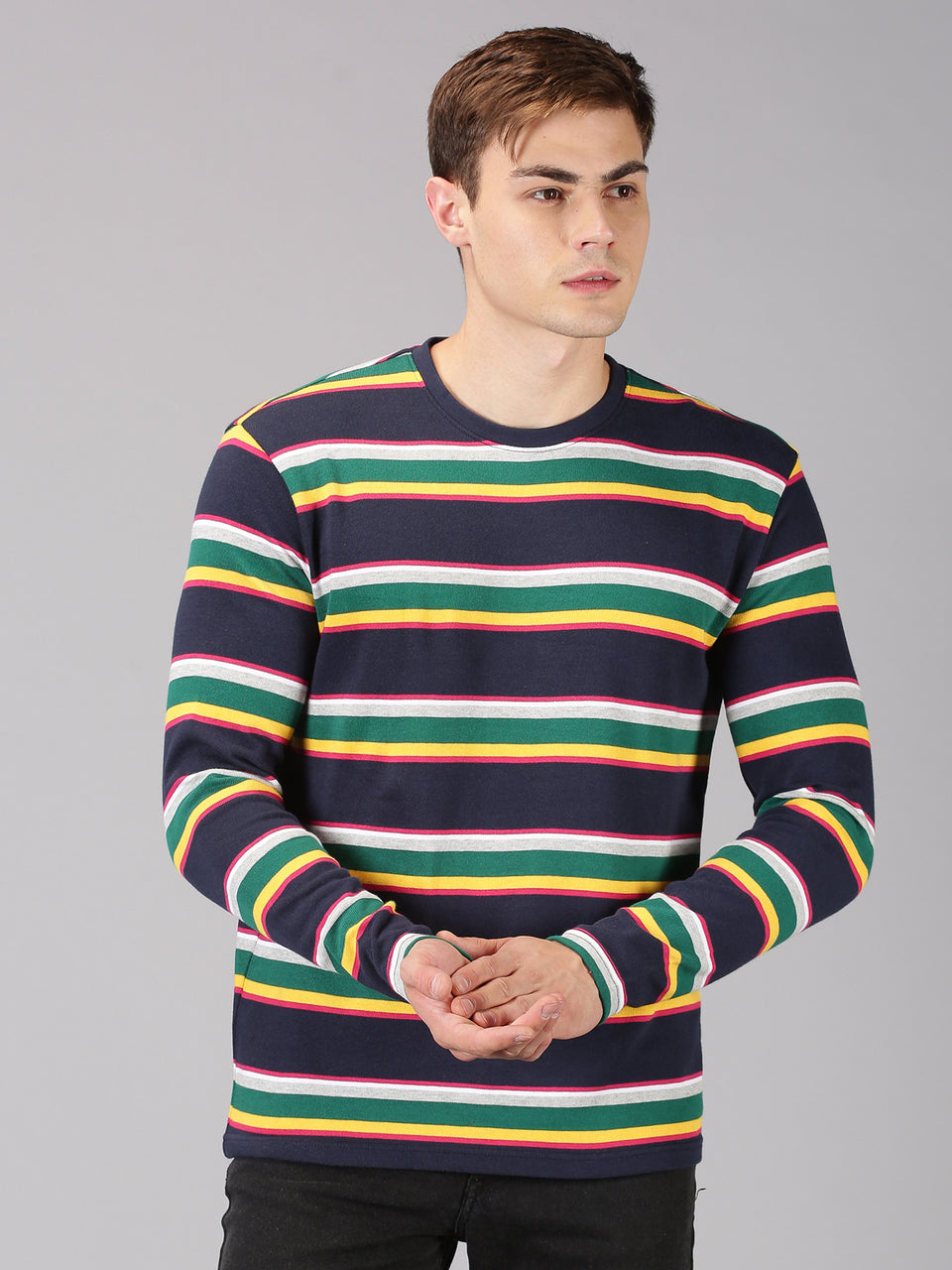 Men Multicolor Striped Round Neck Organic Pure Cotton Long Sleeve Regular Fit Casual T-Shirt