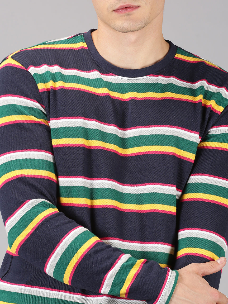 Men Multicolor Striped Round Neck Organic Pure Cotton Long Sleeve Regular Fit Casual T-Shirt