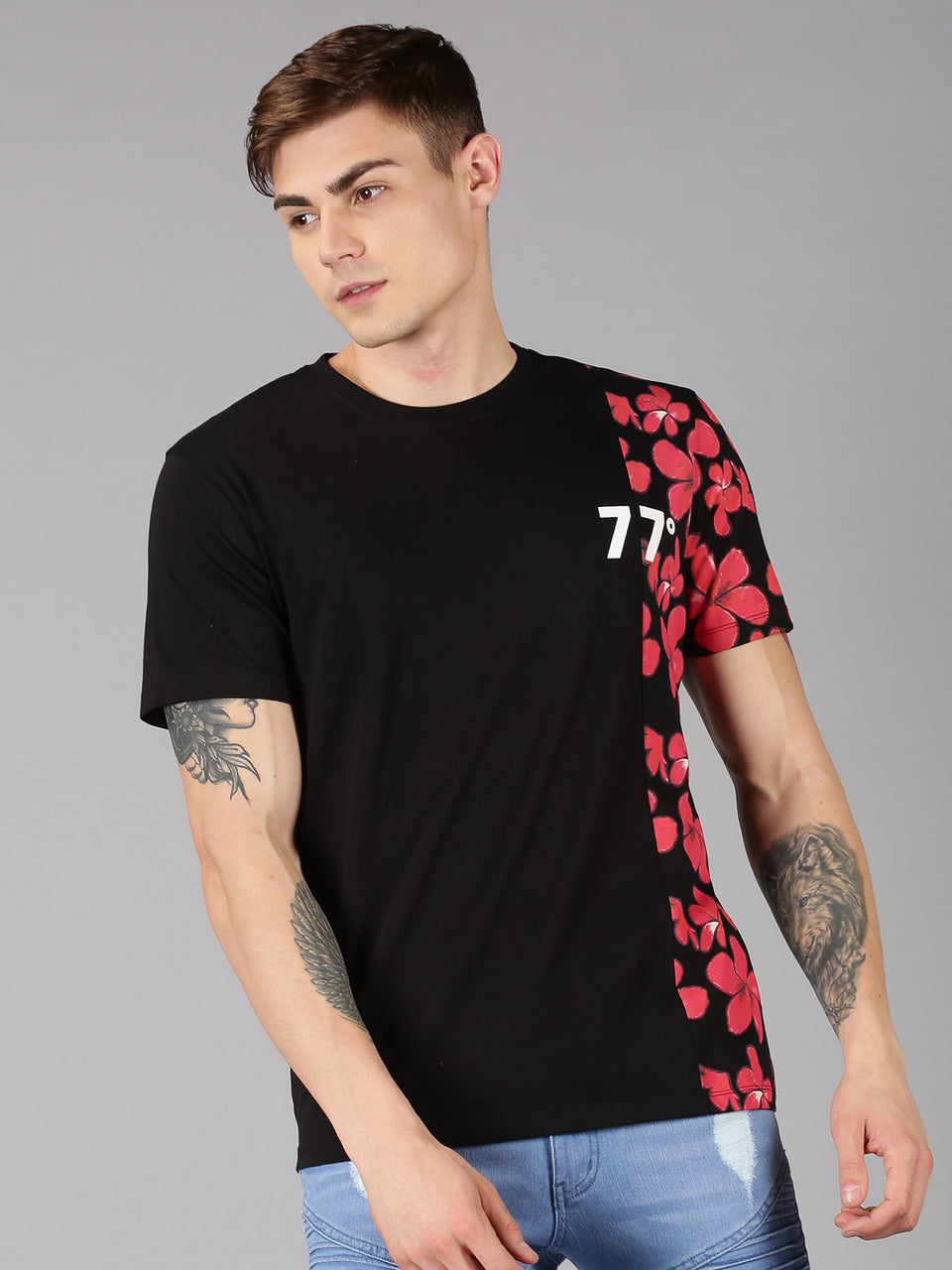 Men Black Pink Trendy Floral Printed Round Neck Organic Pure Cotton Half Sleeve Regular Fit Casual T-Shirt