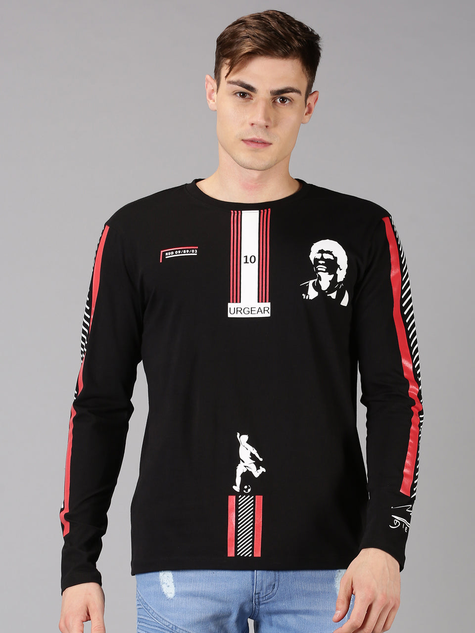 Men Black Red White Printed Round Neck Organic Pure Cotton Full Sleeve Regular Fit Casual T-Shirt