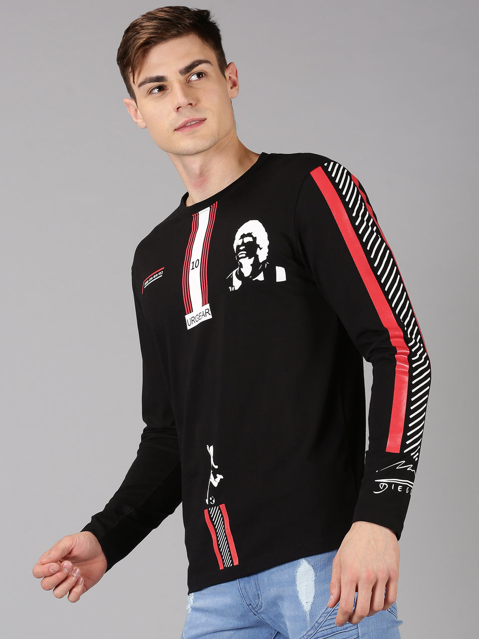 Men Black Red White Printed Round Neck Organic Pure Cotton Full Sleeve Regular Fit Casual T-Shirt