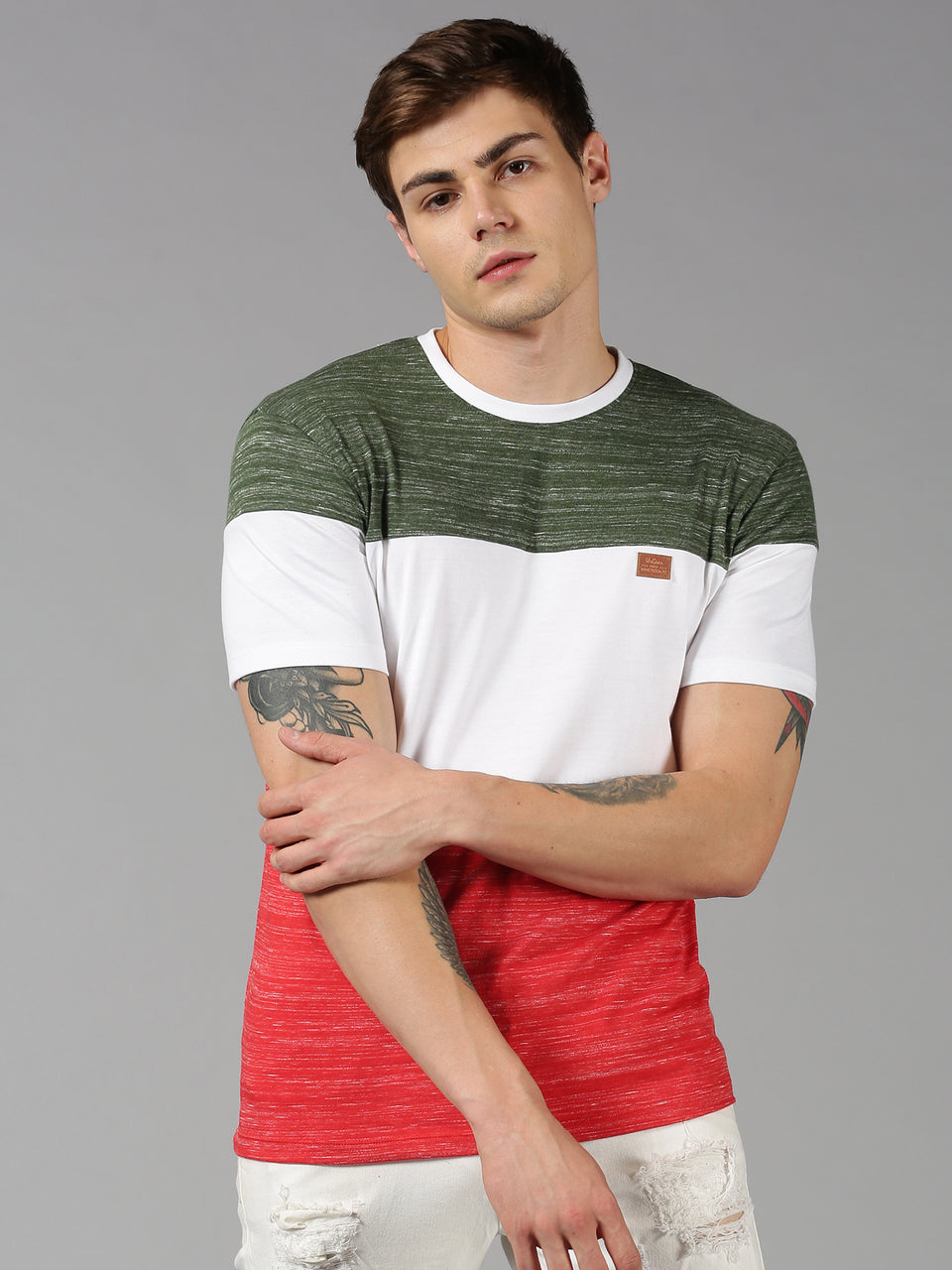 Men red & green cotton round neck t-shirt