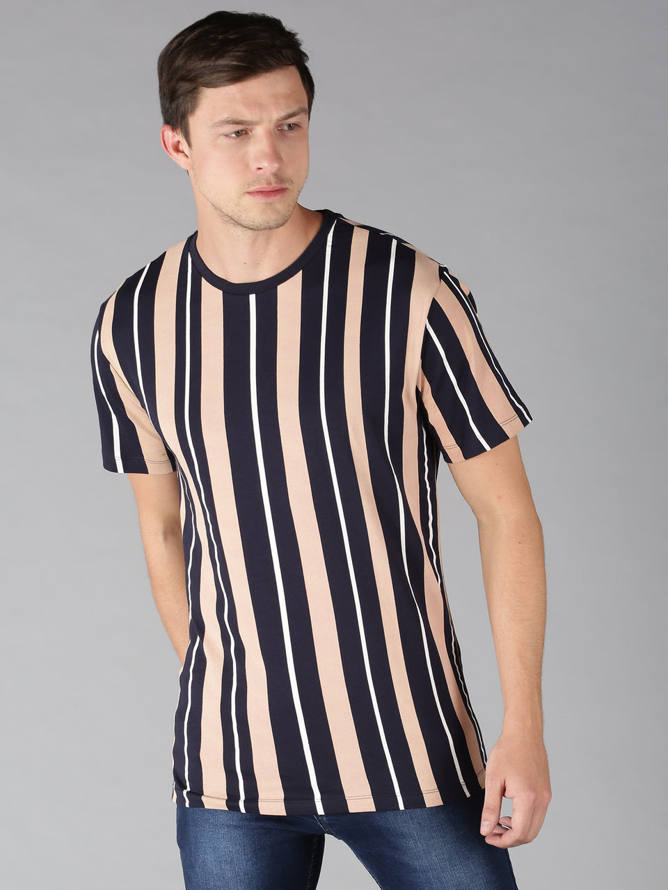 Men Navy Blue Beige Striped Round Neck Pure Cotton Half Sleeve Casual T-Shirt
