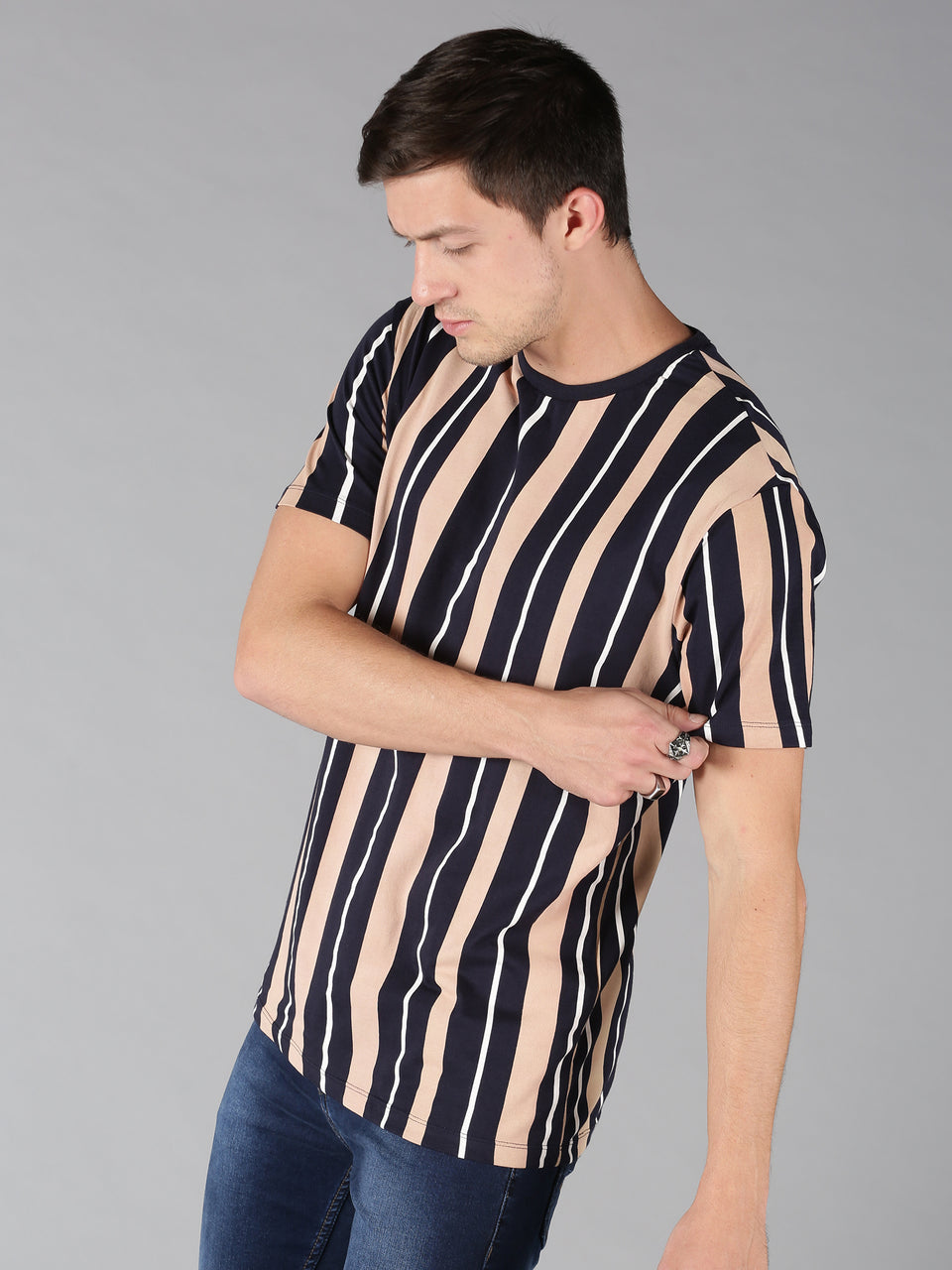 Men Navy Blue Beige Striped Round Neck Pure Cotton Half Sleeve Casual T-Shirt