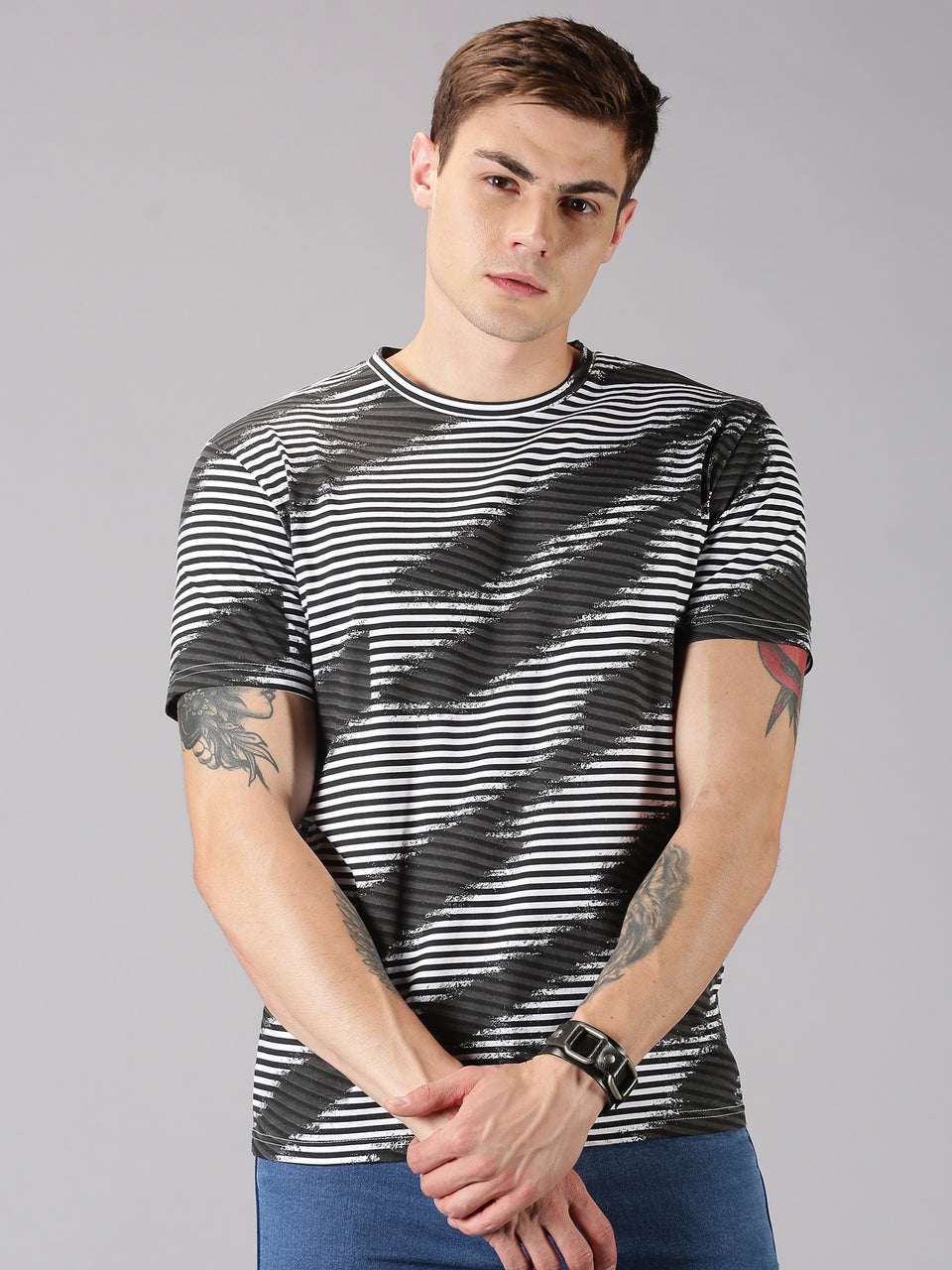 Men White Grey Black All Over Printed Round Neck Organic Pure Cotton Half Sleeve Casual T-Shirt