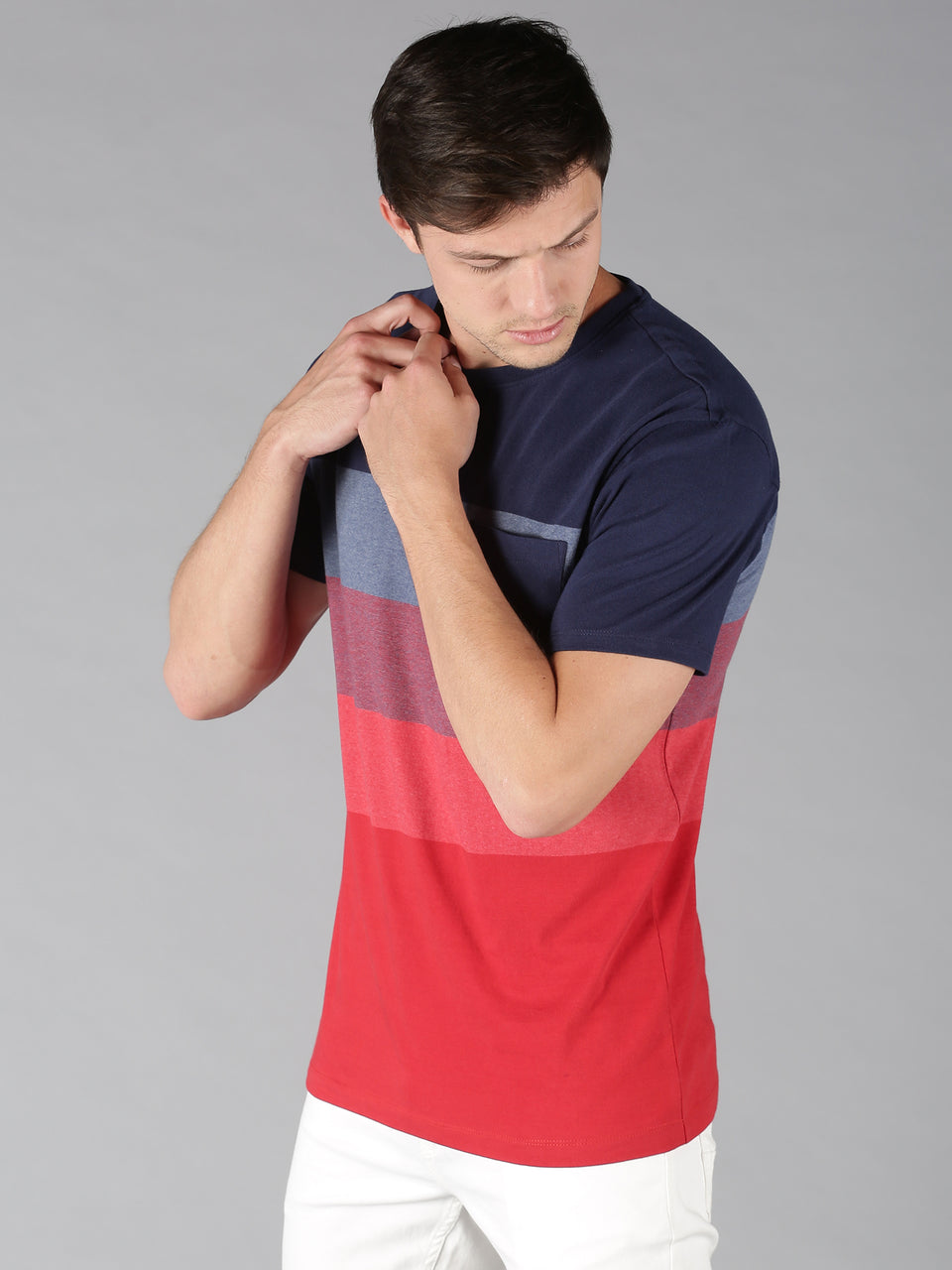 Men Blue Red Color Blocked Round Neck Organic Cotton Half Sleeve Casual T-Shirt 