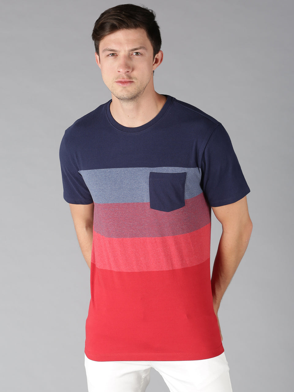 Men Blue Red Color Blocked Round Neck Organic Cotton Half Sleeve Casual T-Shirt 