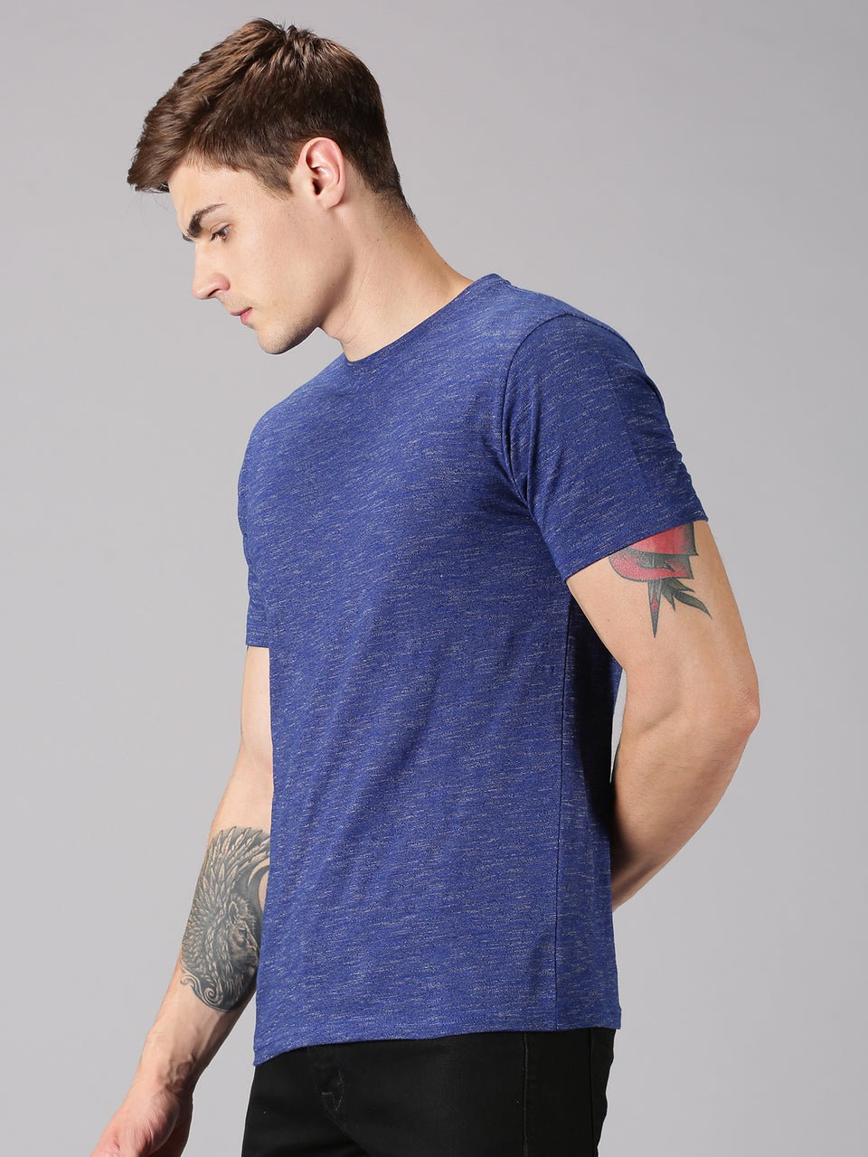 Men Royal Melange Solid Round Neck Recycled Cotton Half Sleeve Regular Fit Casual T-Shirt