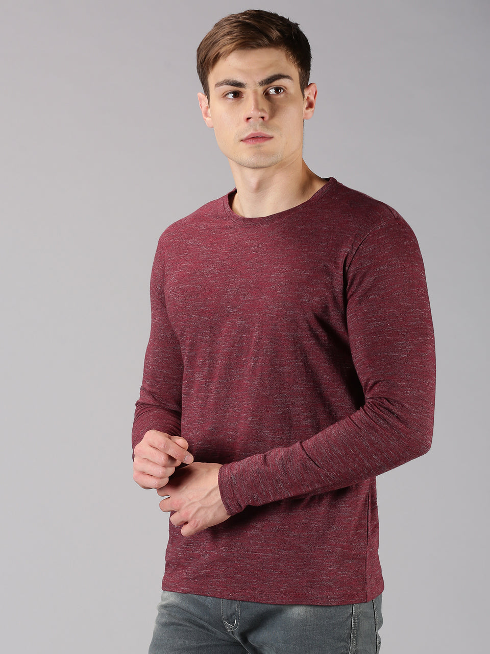 Men Maroon Melange Round Neck Recycled Cotton Full Sleeve Regular Fit Casual T-Shirt