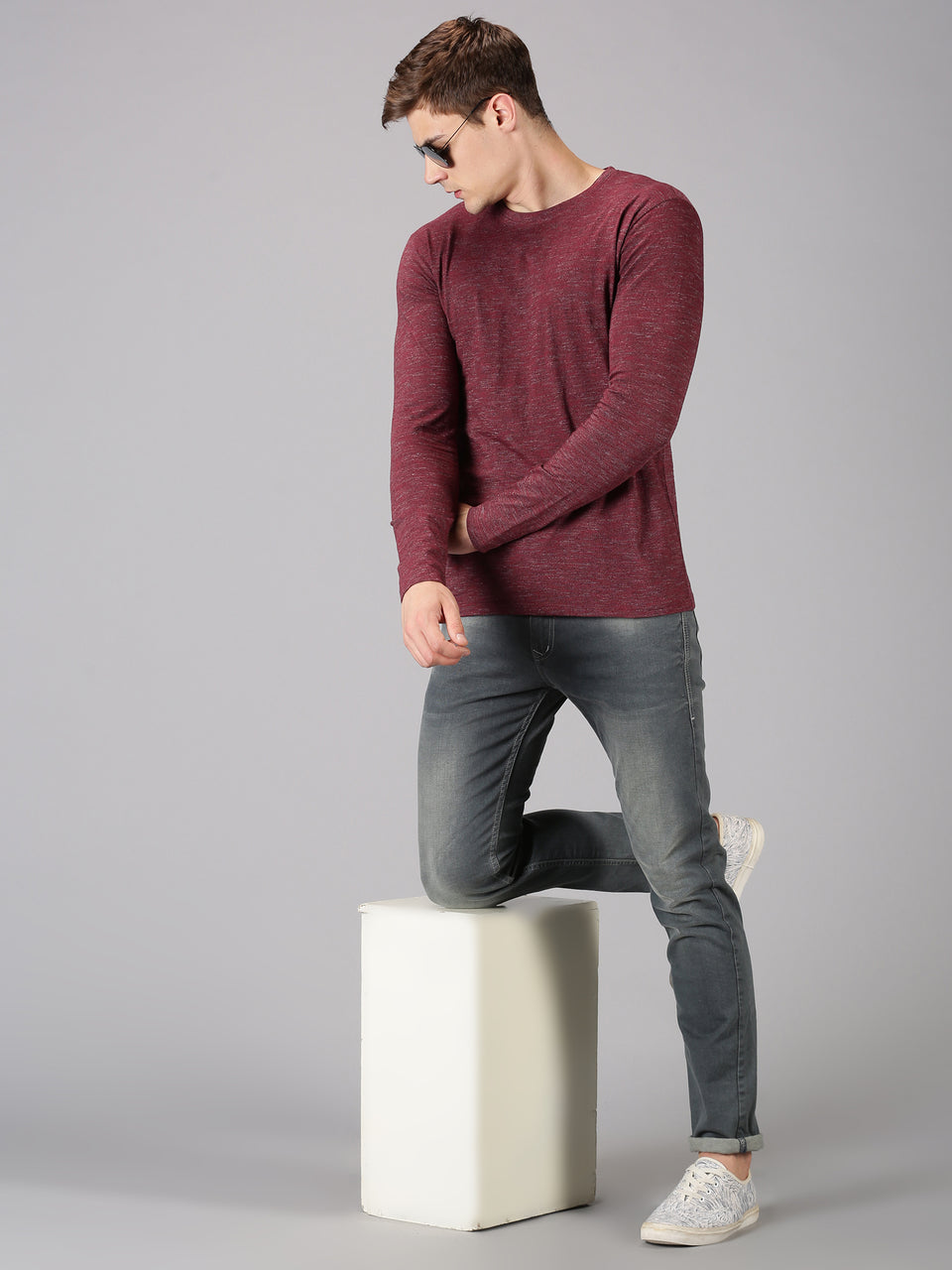 Men Maroon Melange Round Neck Recycled Cotton Full Sleeve Regular Fit Casual T-Shirt