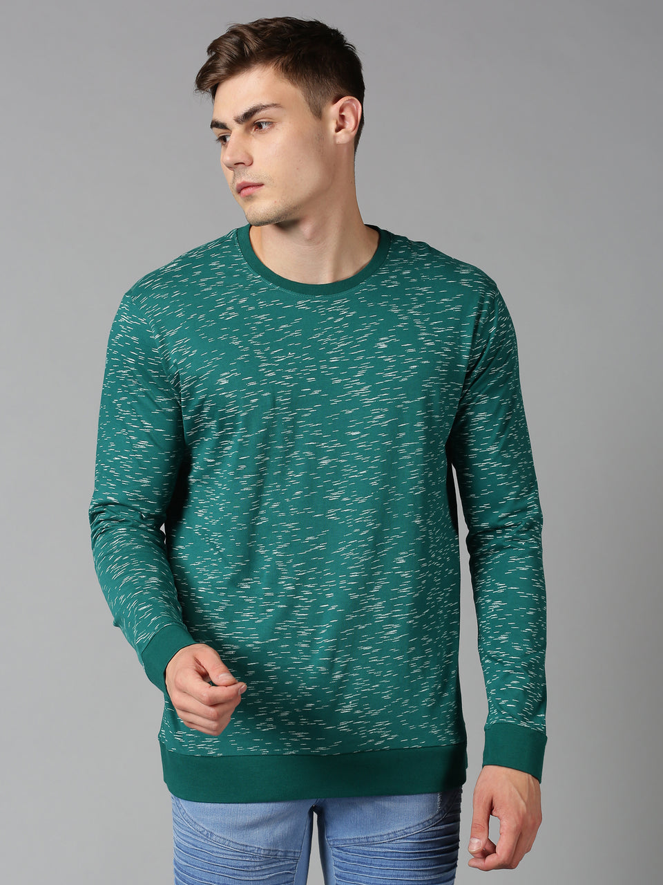 Men Teal Green Printed Round Neck Recycled Cotton Full Sleeve Regular Fit Casual T-Shirt