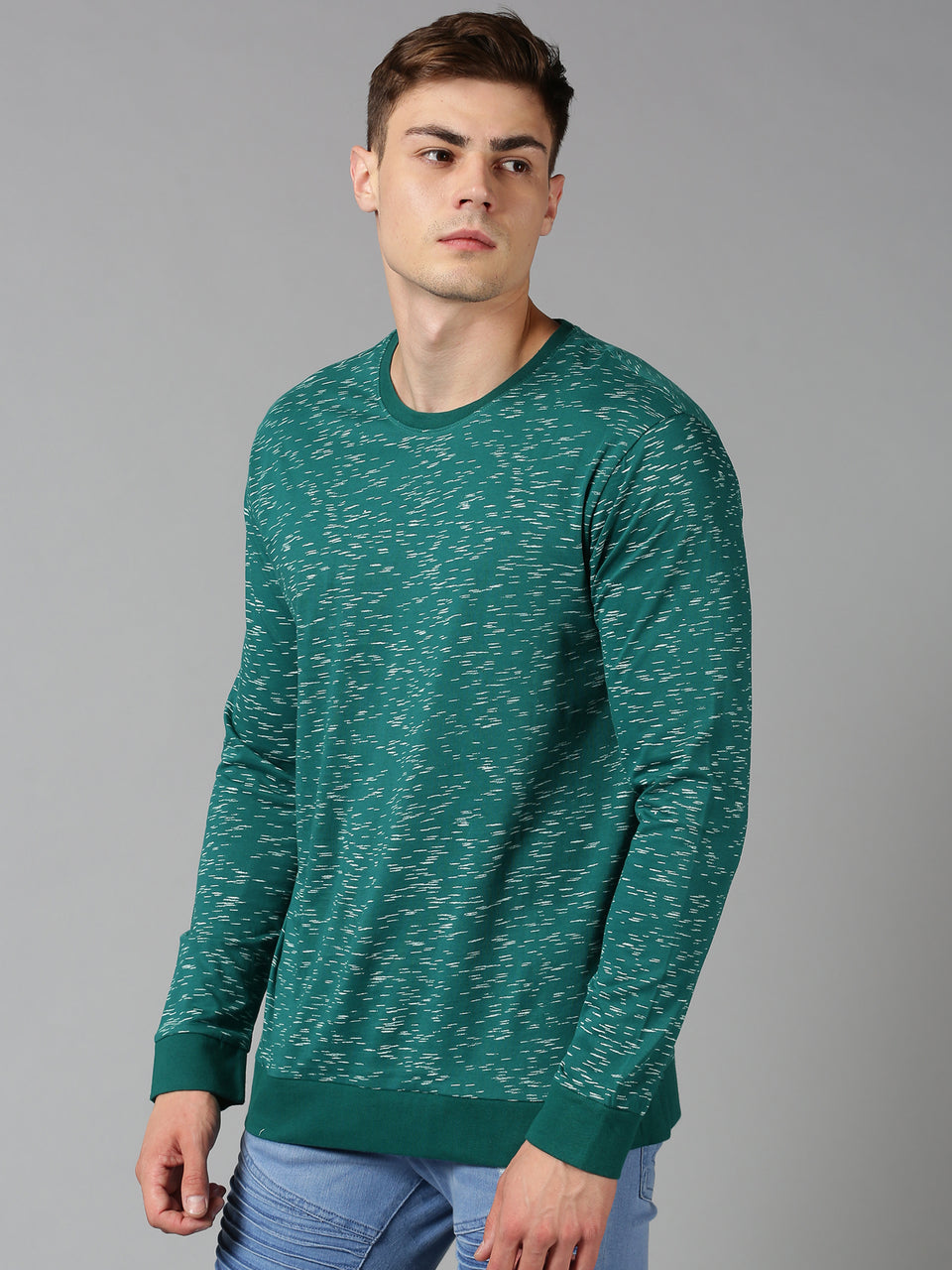 Men Teal Green Printed Round Neck Recycled Cotton Full Sleeve Regular Fit Casual T-Shirt