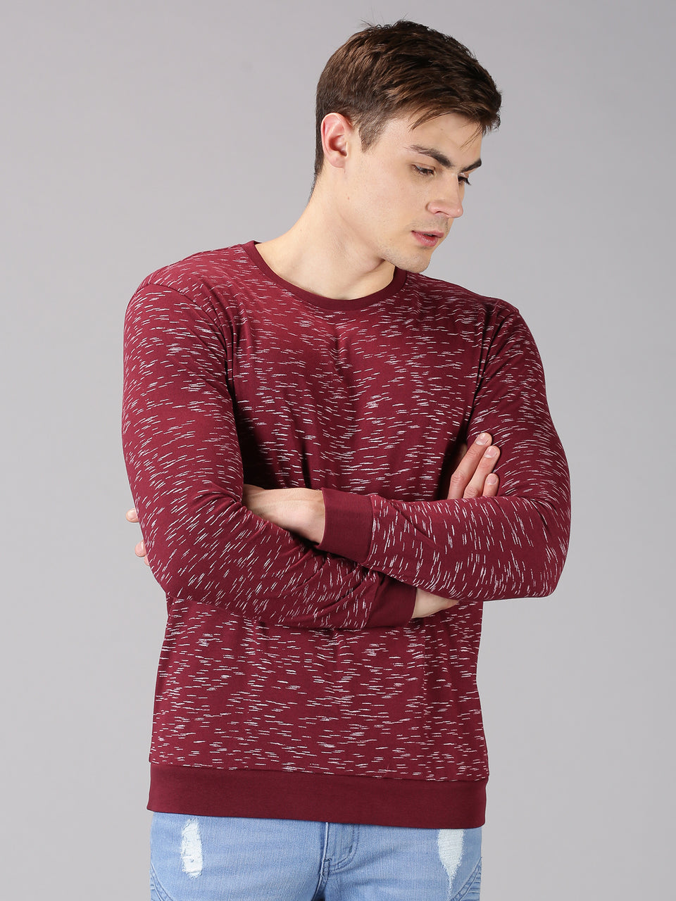 Men Maroon All Over Printed Round Neck Recycled Cotton Full Sleeve Regular Fit Casual T-Shirt