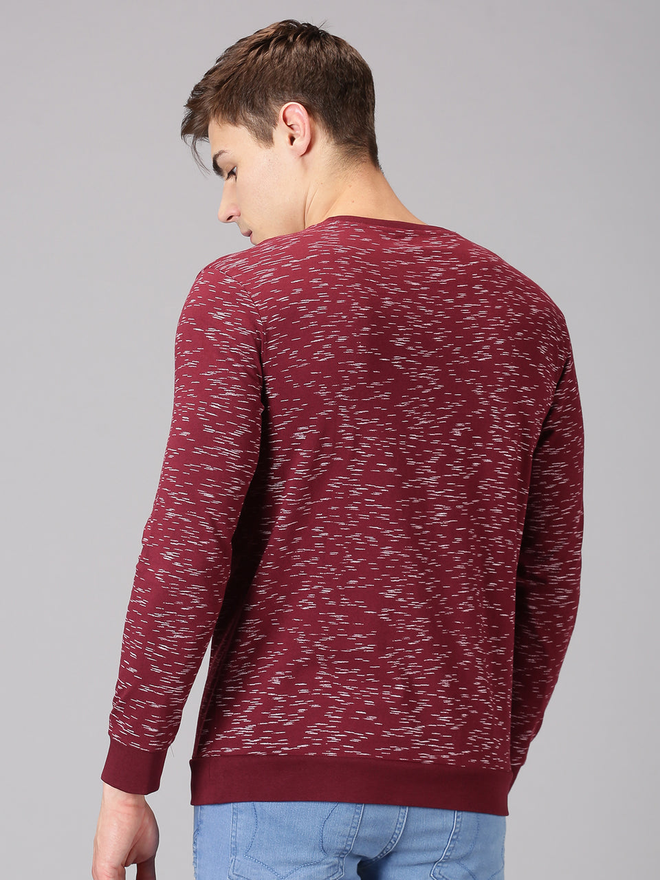 Men Maroon All Over Printed Round Neck Recycled Cotton Full Sleeve Regular Fit Casual T-Shirt