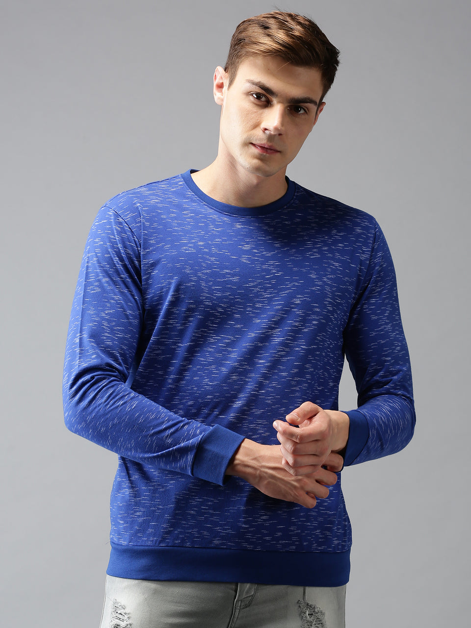 Men Blue All Over Printed Round Neck Recycled Cotton Full Sleeve Regular Fit Casual T-Shirt