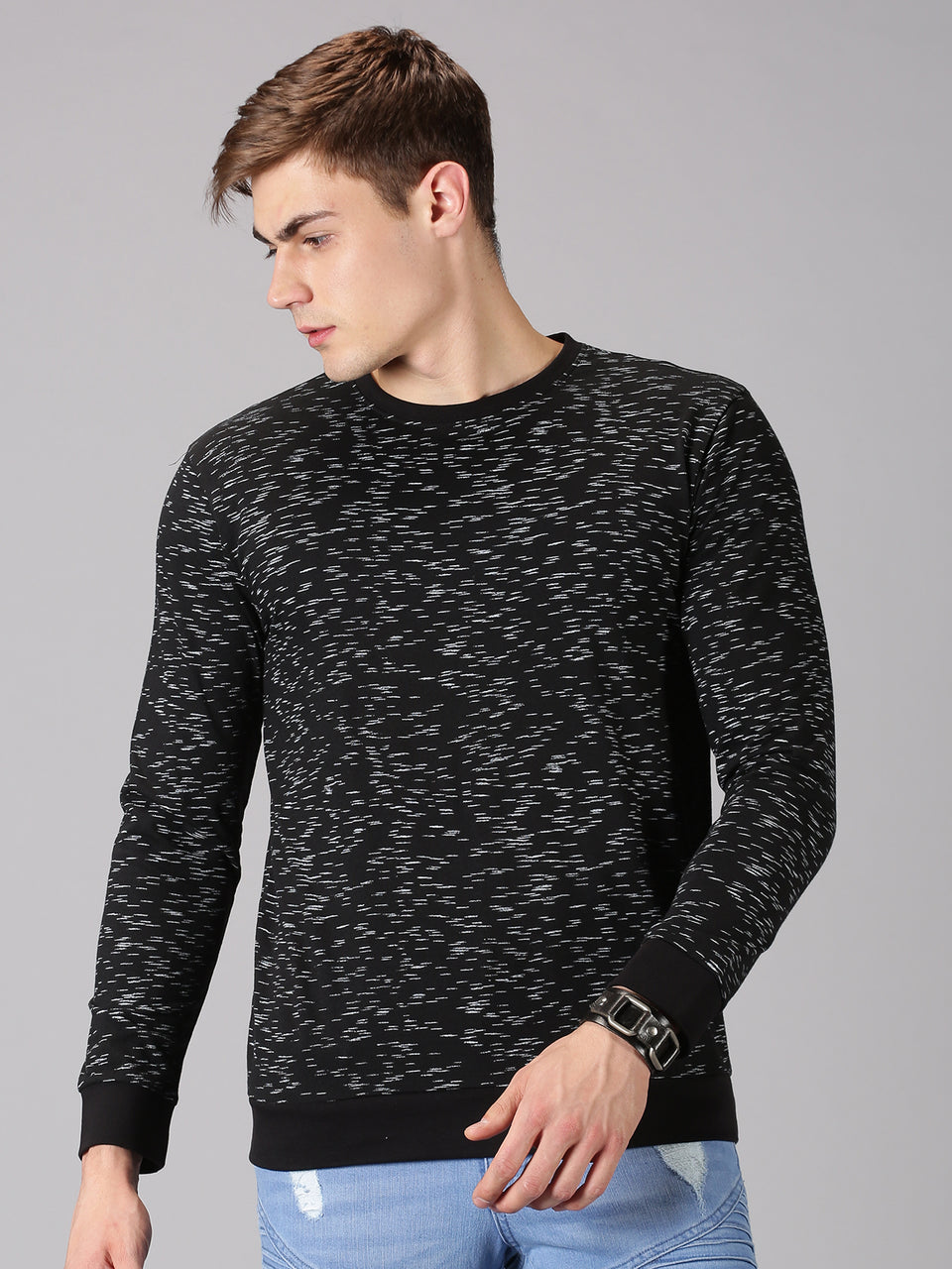 Men Black All Over Printed Round Neck Recycled Cotton Full Sleeve Regular Fit Casual T-Shirt