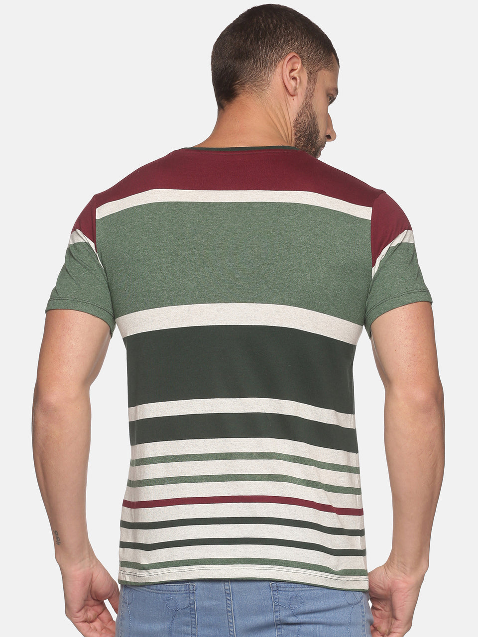Men Green Multicolor Striped Round Neck Recycled Cotton Half Sleeve Regular Fit Casual T-Shirt