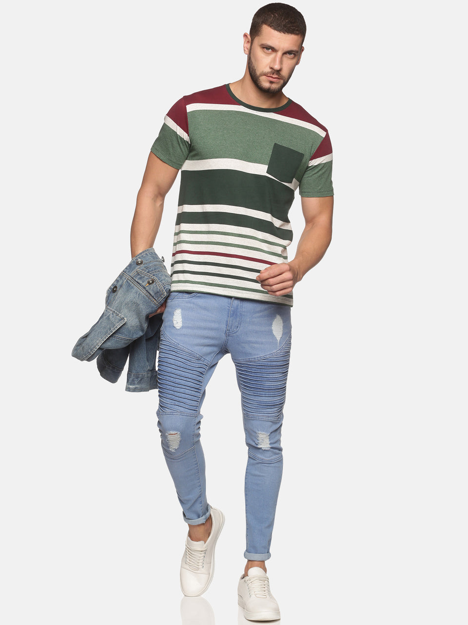 Men Green Multicolor Striped Round Neck Recycled Cotton Half Sleeve Regular Fit Casual T-Shirt