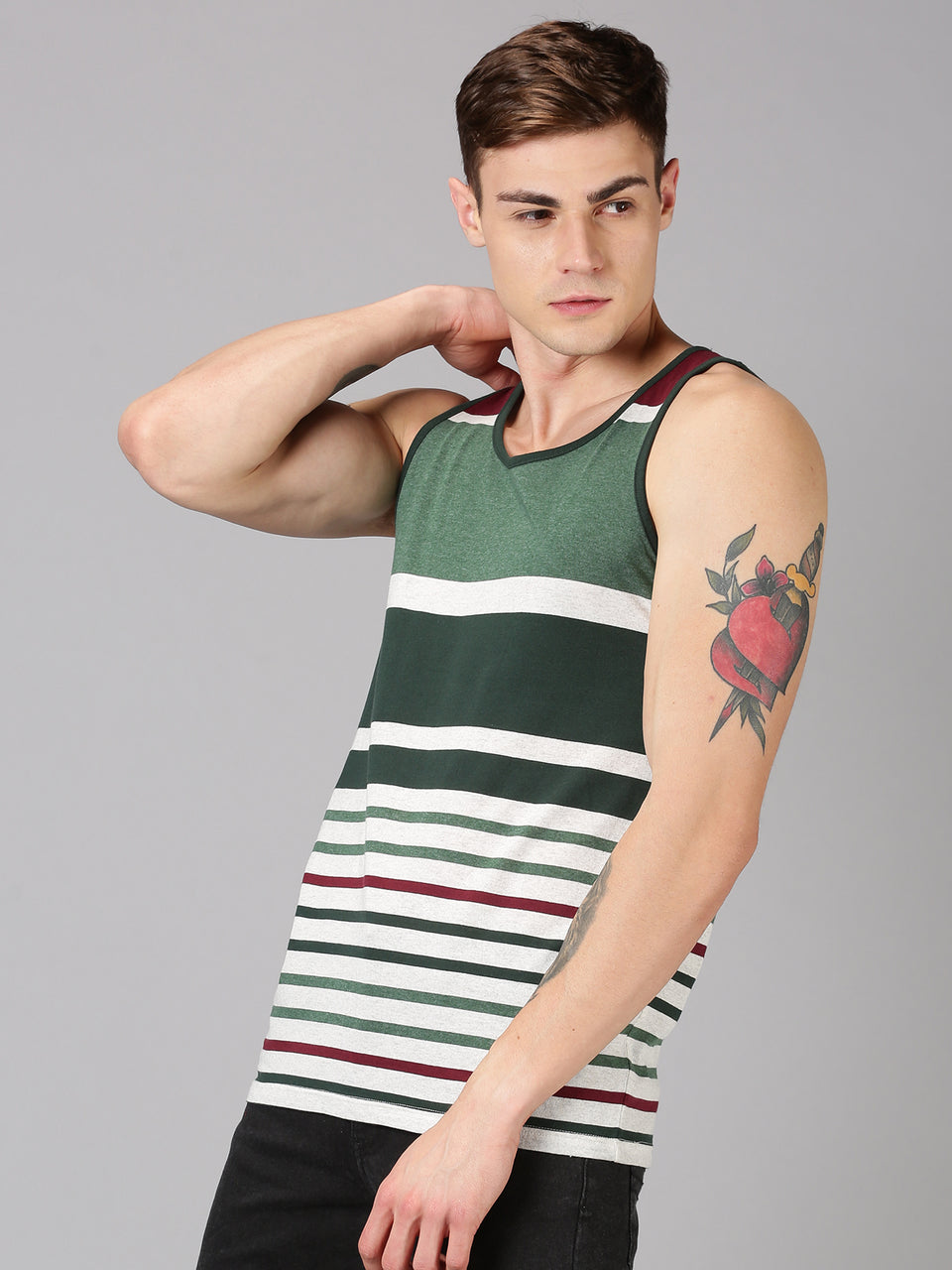 Men Green Multicolor Striped Round Neck Recycled Cotton Sleeveless Regular Fit Casual T-Shirt