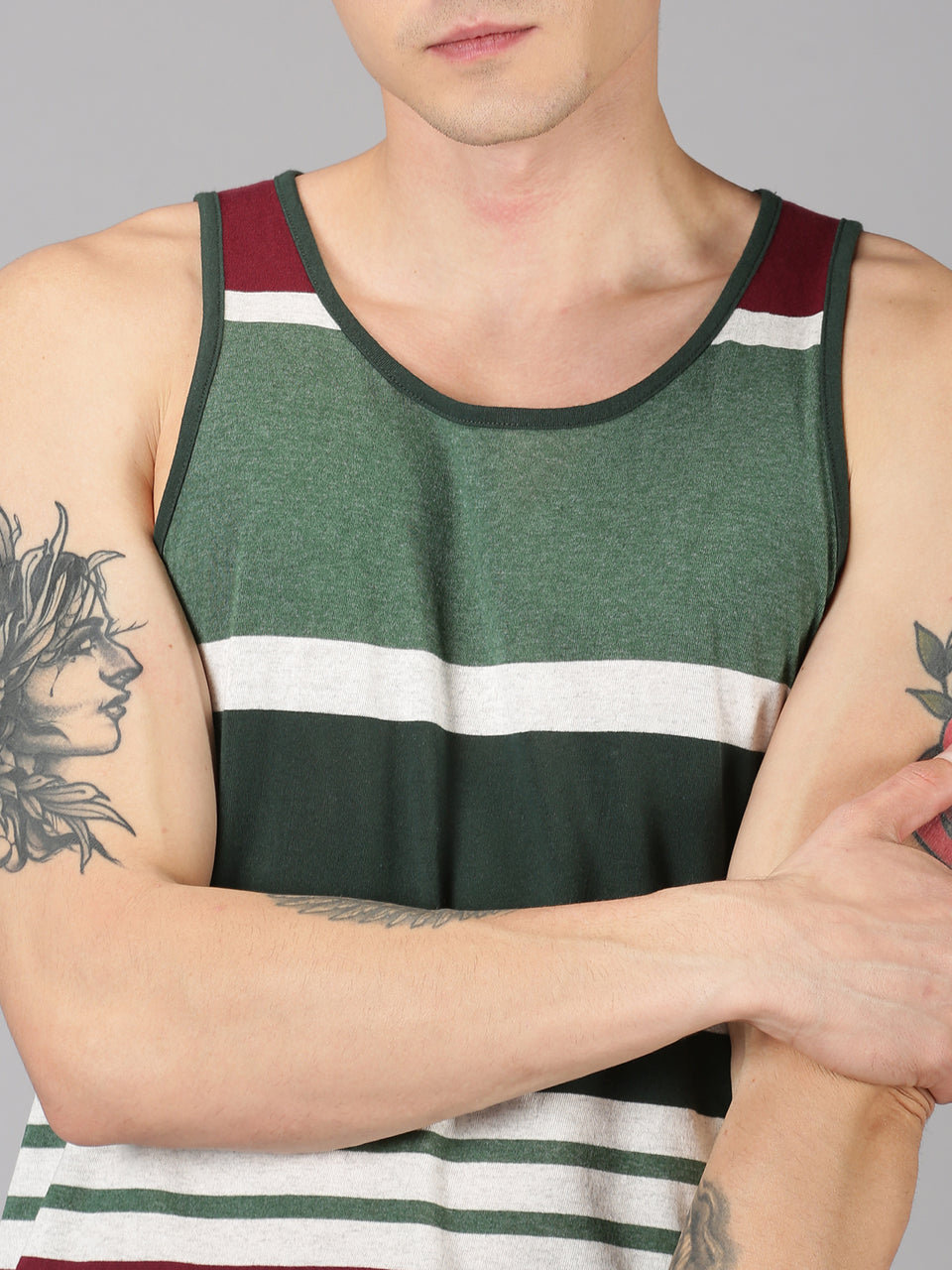 Men Green Multicolor Striped Round Neck Recycled Cotton Sleeveless Regular Fit Casual T-Shirt