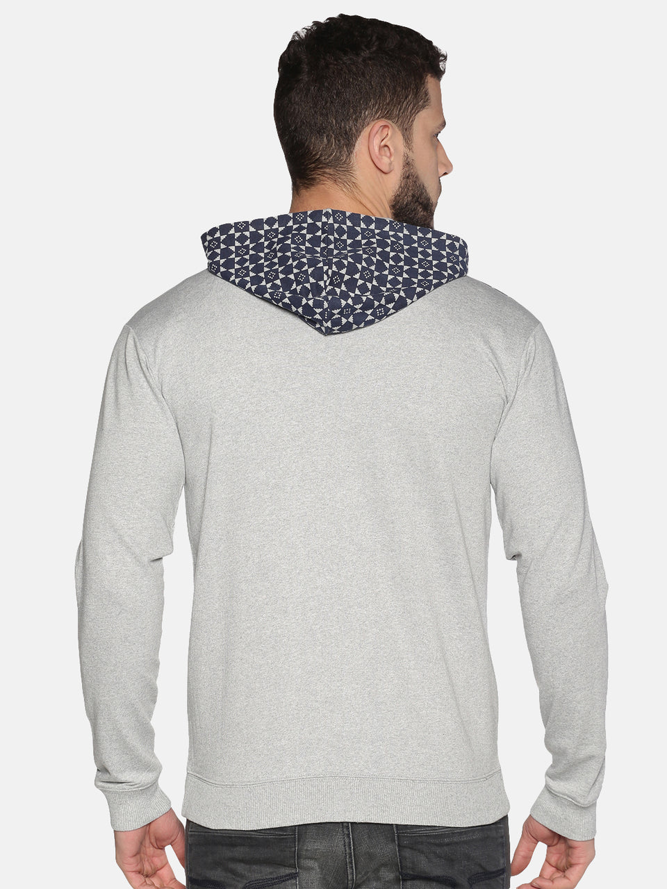 Men Grey Navy Blue Printed Hooded Neck Full Sleeve Casual Front Open Zipper Hoodies Sweatshirt