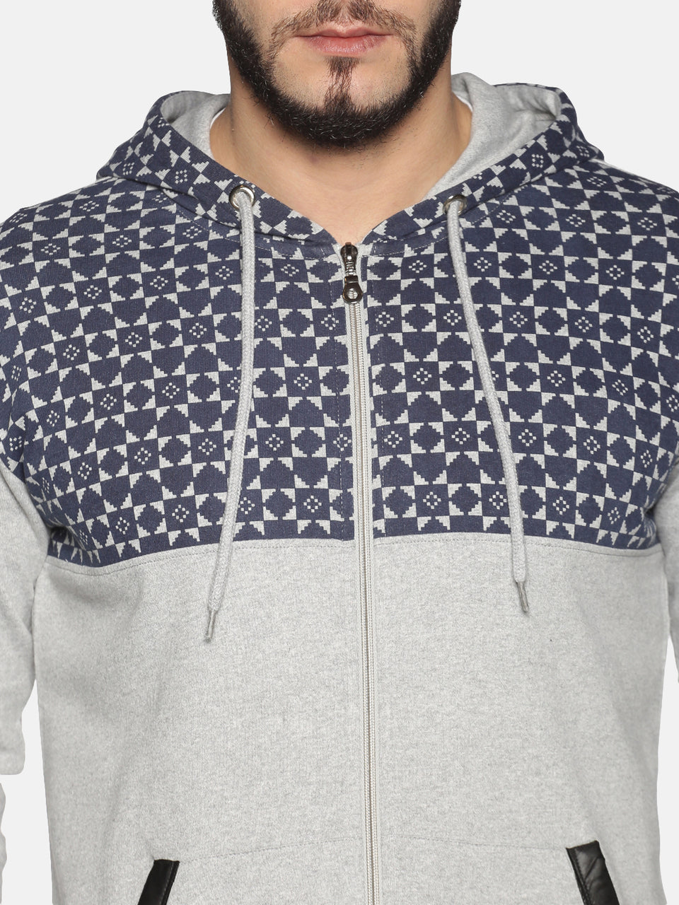 Men Grey Navy Blue Printed Hooded Neck Full Sleeve Casual Front Open Zipper Hoodies Sweatshirt