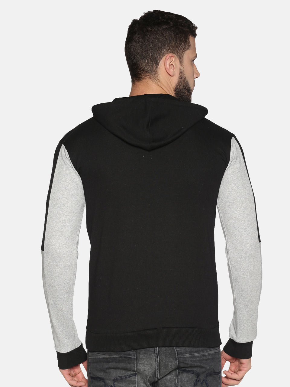 Men Black Grey Color Blocked Hooded Neck Full Sleeve Casual Front Open Zipper Hoodies Sweatshirt