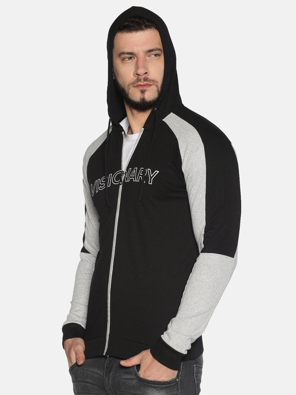 Men Black Grey Color Blocked Hooded Neck Full Sleeve Casual Front Open Zipper Hoodies Sweatshirt