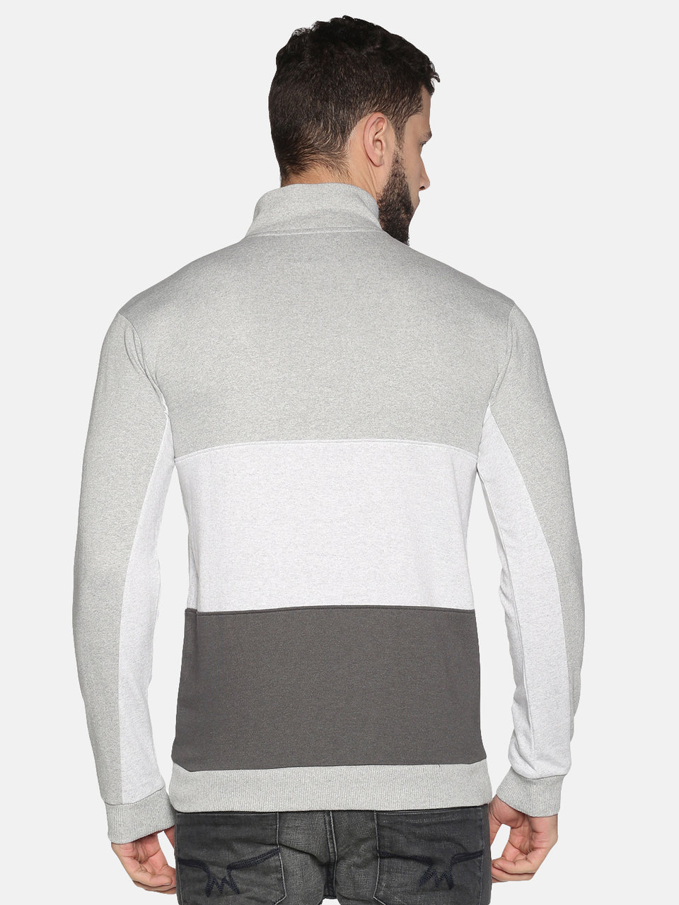 Men Grey White Color Blocked High Neck Zipper Full Sleeve Casual Sweatshirt
