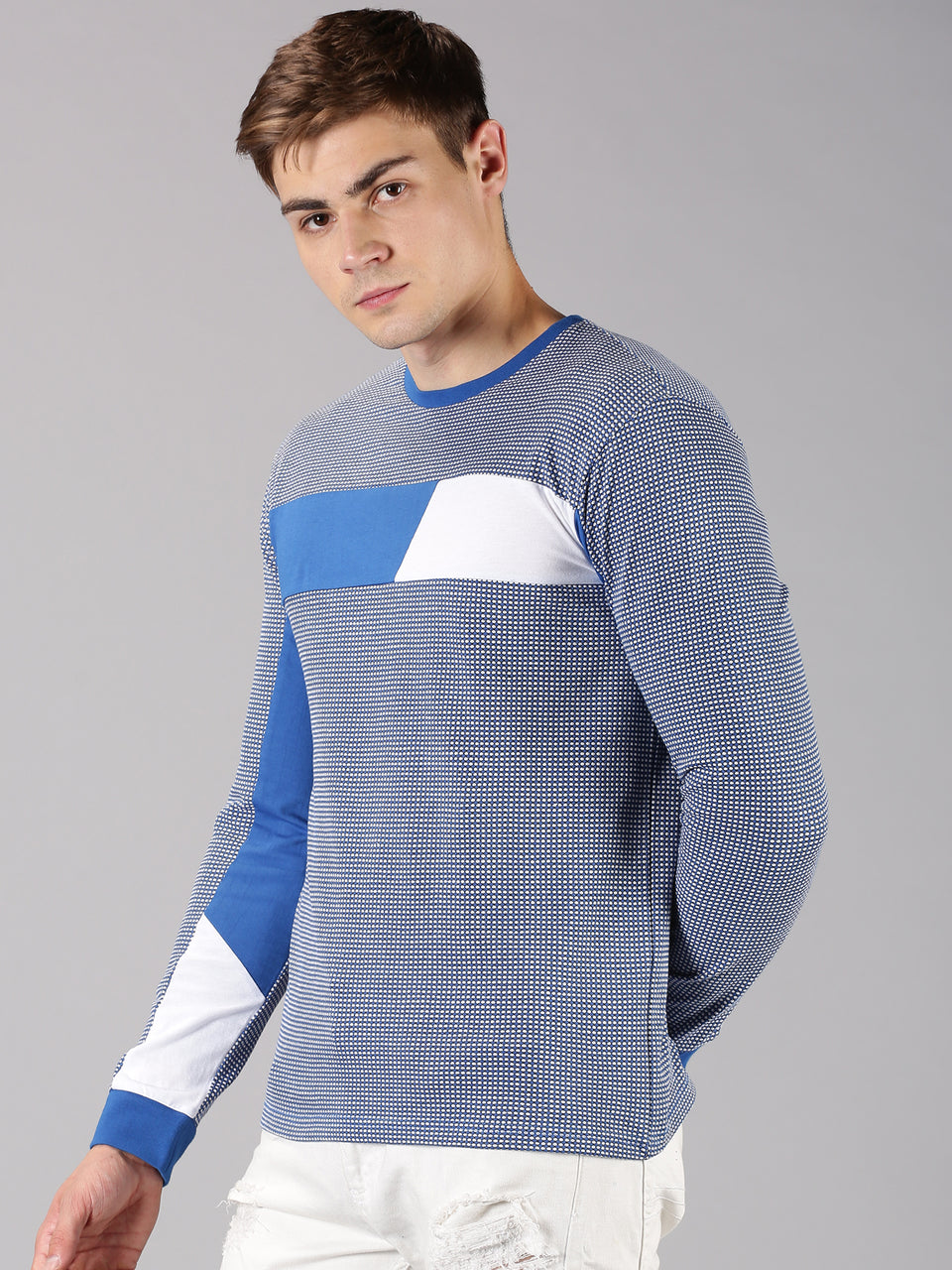 Men Sky Blue White Color Blocked Round Neck Recycled Cotton Full Sleeve Regular Fit Casual T-Shirt