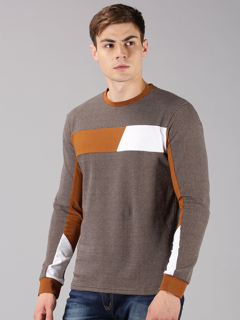 Men Brown White Color Blocked Round Neck Recycled Cotton Full Sleeve Regular Fit Casual T-Shirt