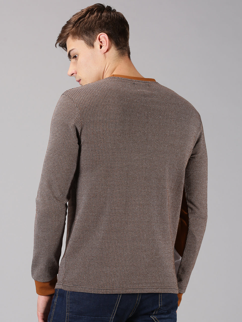 Men Brown White Color Blocked Round Neck Recycled Cotton Full Sleeve Regular Fit Casual T-Shirt