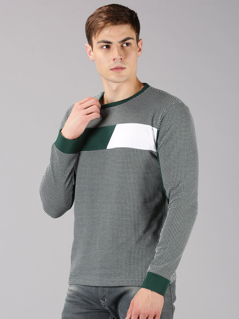 Men Green White Color Blocked Round Neck Recycled Cotton Full Sleeve Regular Fit Casual T-Shirt
