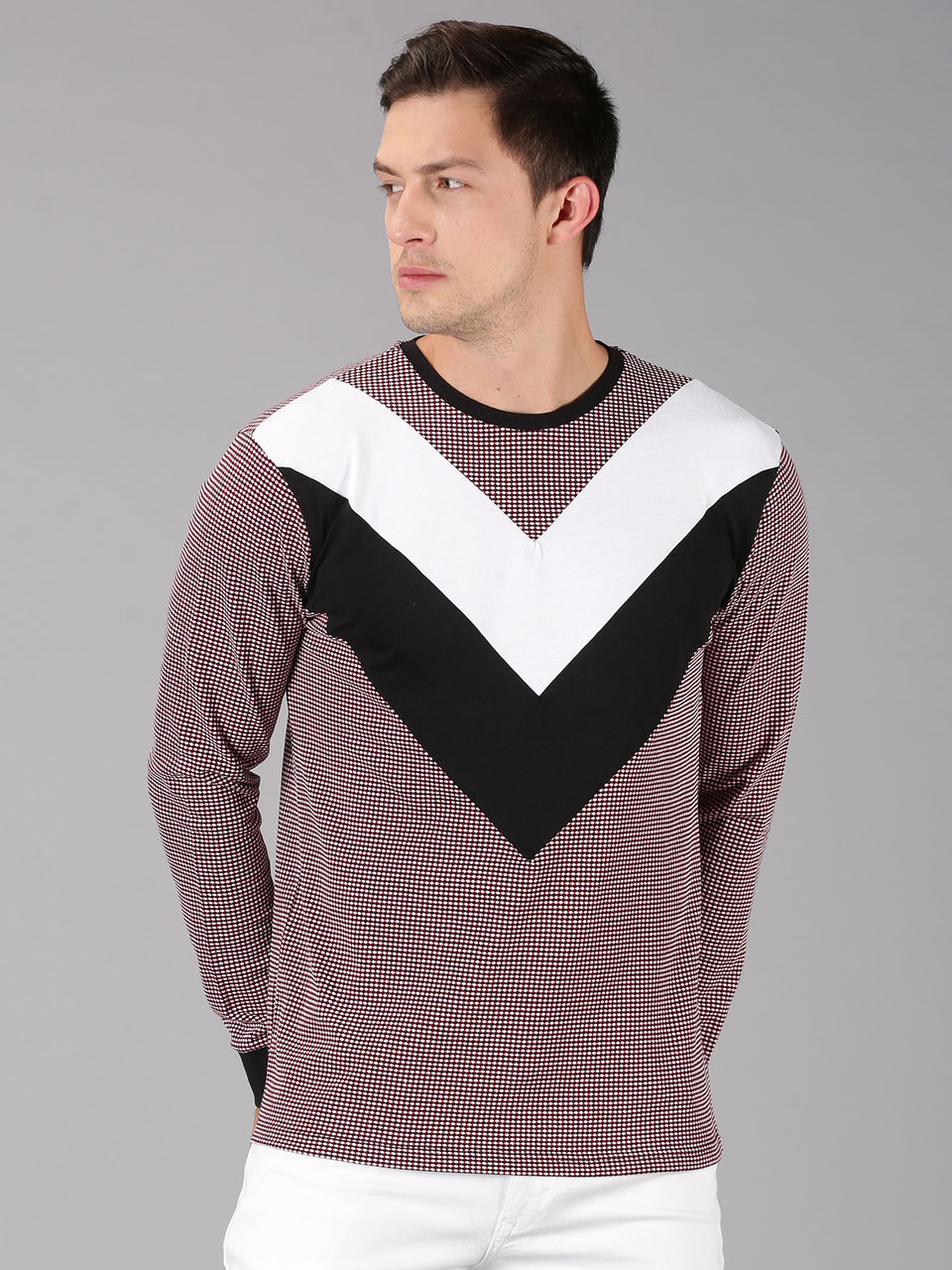 Men Black White Color Blocked Round Neck Recycled Cotton Full Sleeve Regular Fit Casual T-Shirt