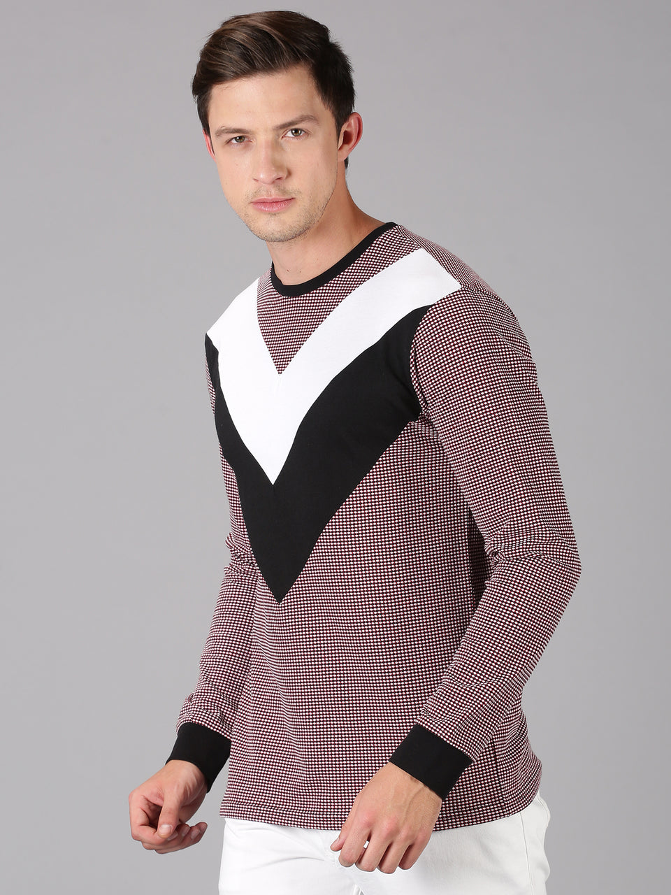 Men Black White Color Blocked Round Neck Recycled Cotton Full Sleeve Regular Fit Casual T-Shirt