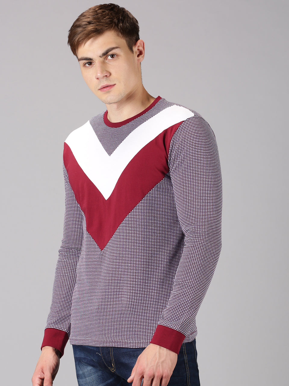 Men Maroon White Color Blocked Round Neck Recycled Cotton Full Sleeve Regular Fit Casual T-Shirt