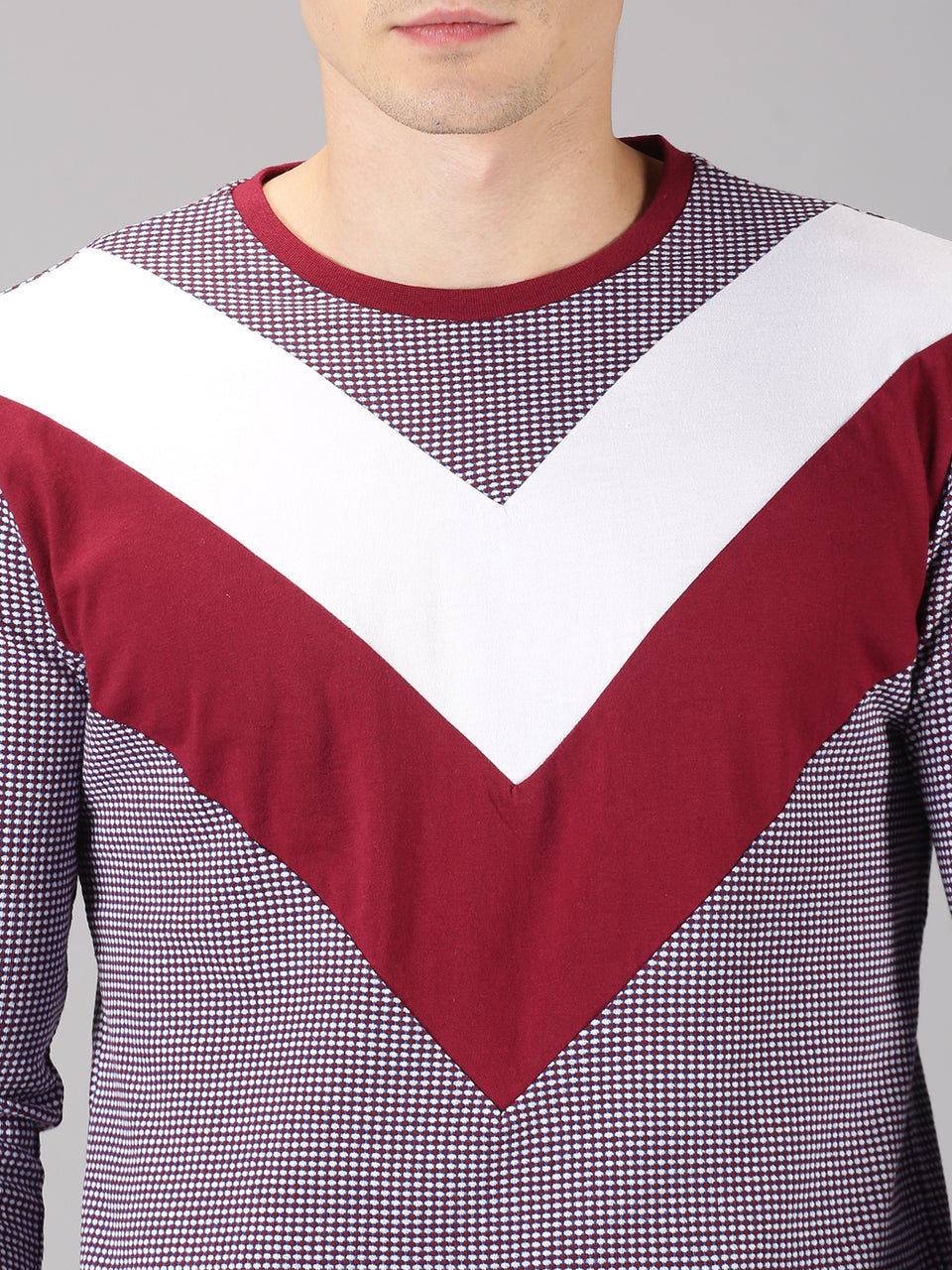 Men Maroon White Color Blocked Round Neck Recycled Cotton Full Sleeve Regular Fit Casual T-Shirt
