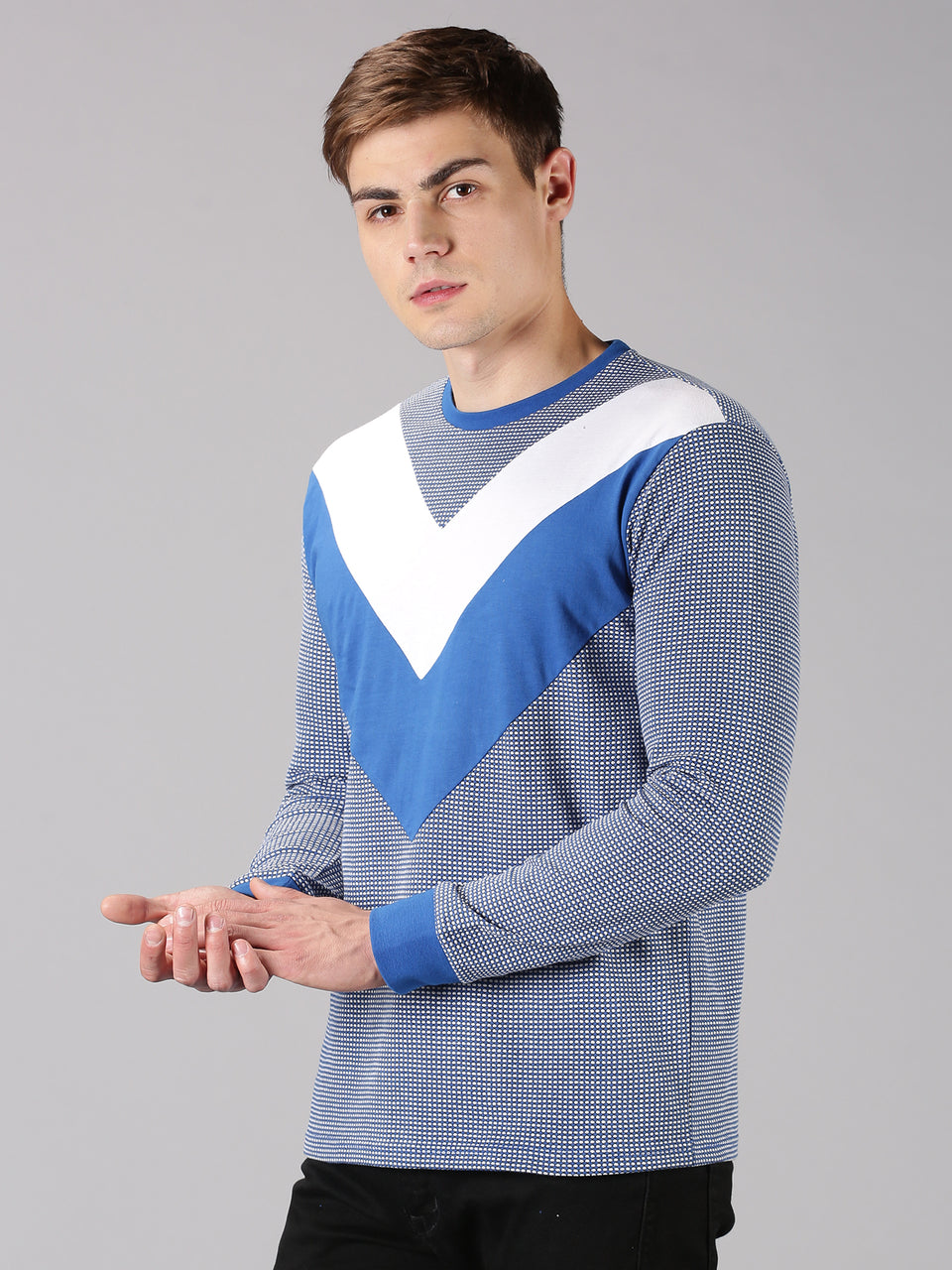 Men Blue White Color Blocked Round Neck Recycled Cotton Full Sleeve Regular Fit Casual T-Shirt
