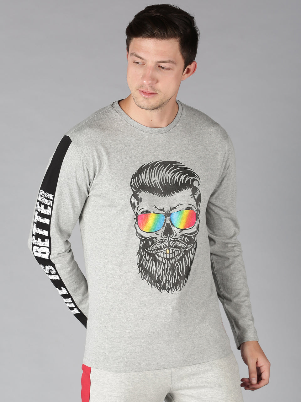 Men Grey Graphic Printed Round Neck Organic Cotton Long Sleeve Regular Fit Casual T-Shirt