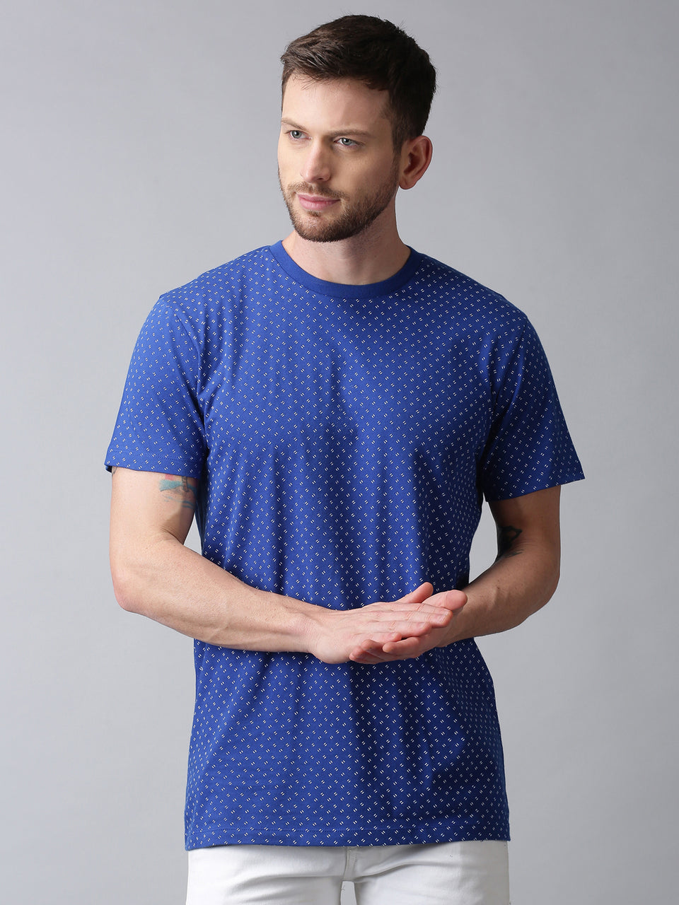Men Blue All Over Printed Round Neck Organic Pure Cotton Half Sleeve Casual T-Shirt